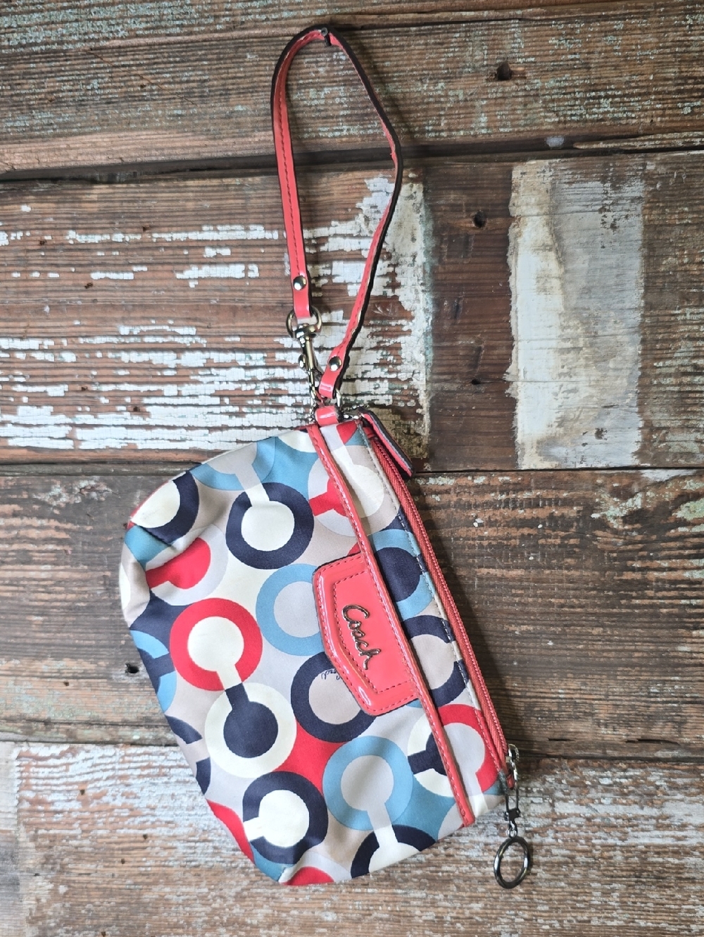 Coach Ashley Op Art Scarf Print Coral Multi-Color Wristlet